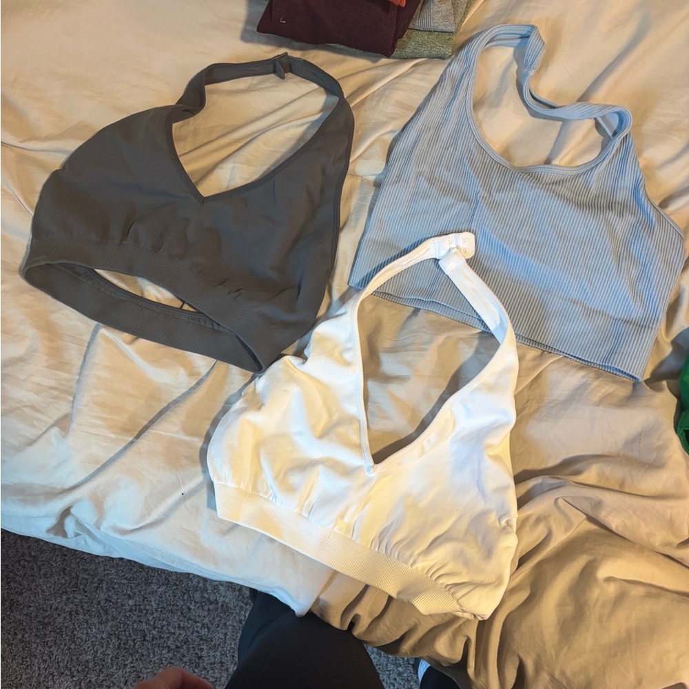 Set of Three Sports Bras in Gray, Blue, and White
